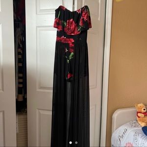 Rose Patterned Black Romper Dress